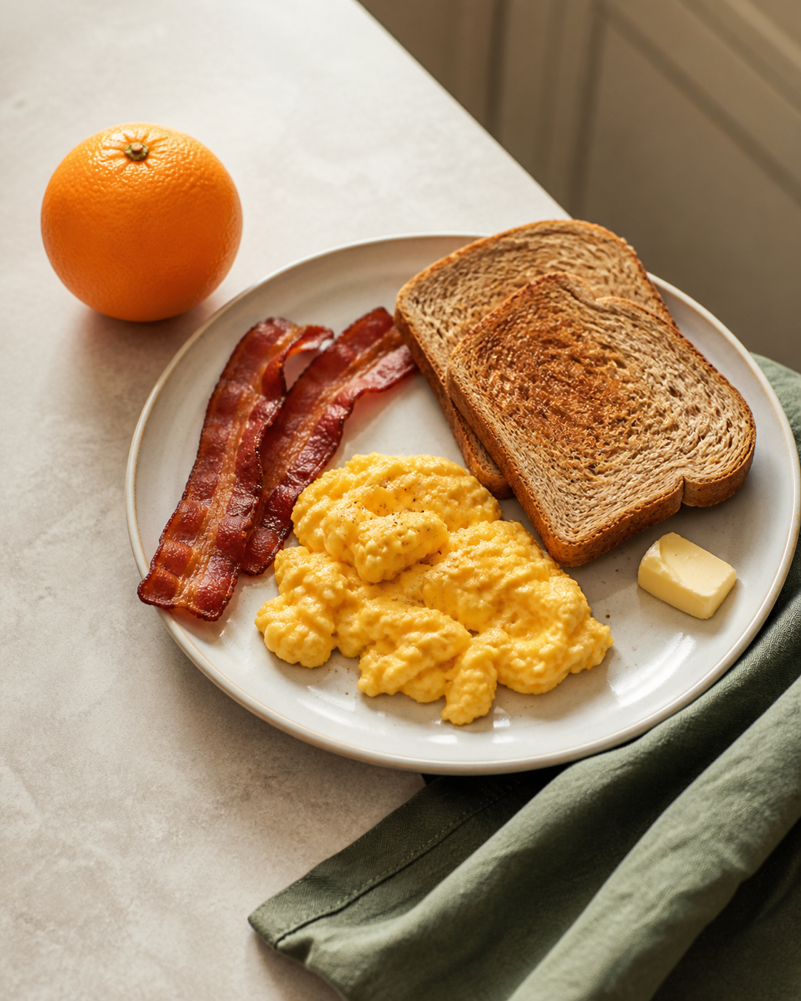 Scrambled eggs with butter, two slices of whole-wheat toast, two bacon strips and an orange
