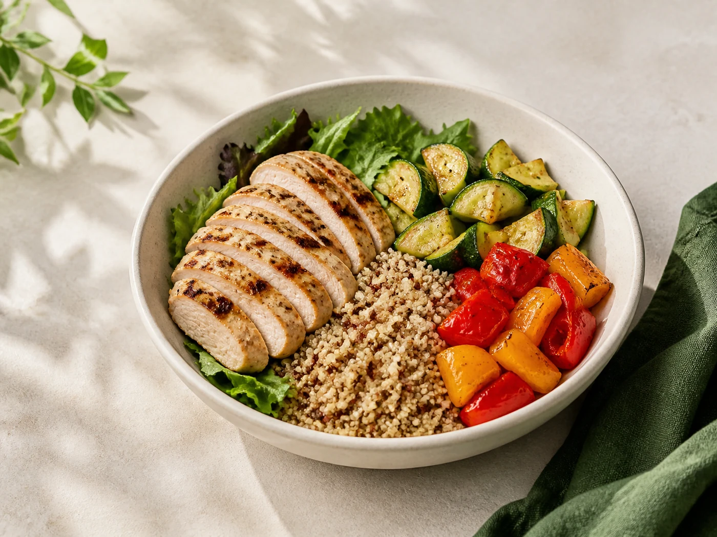 Prepared grilled chicken quinoa bowl with zucchini, peppers and leafy greens