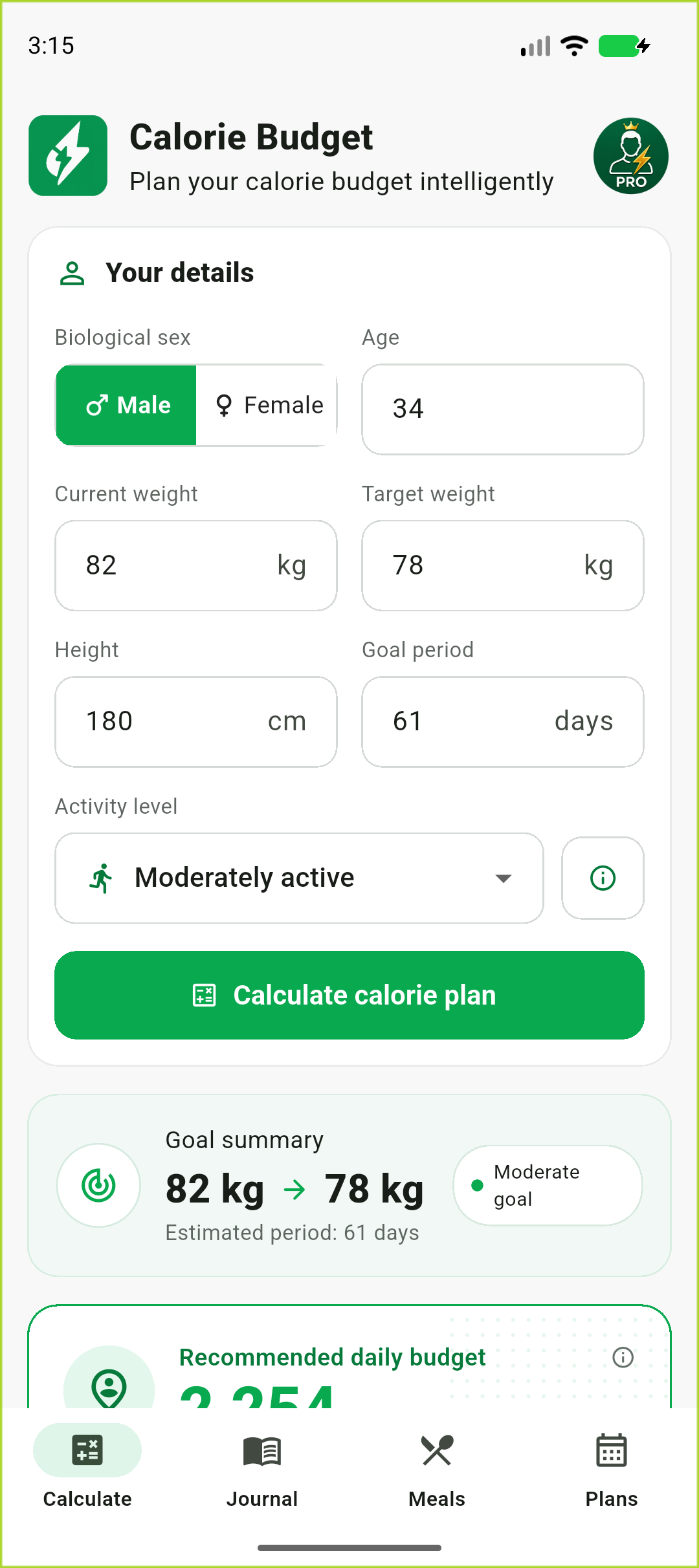 Calorie Budget Calculate screen completed with age, current and target weight, height, goal period, activity level and an 82 to 78 kilogram goal summary