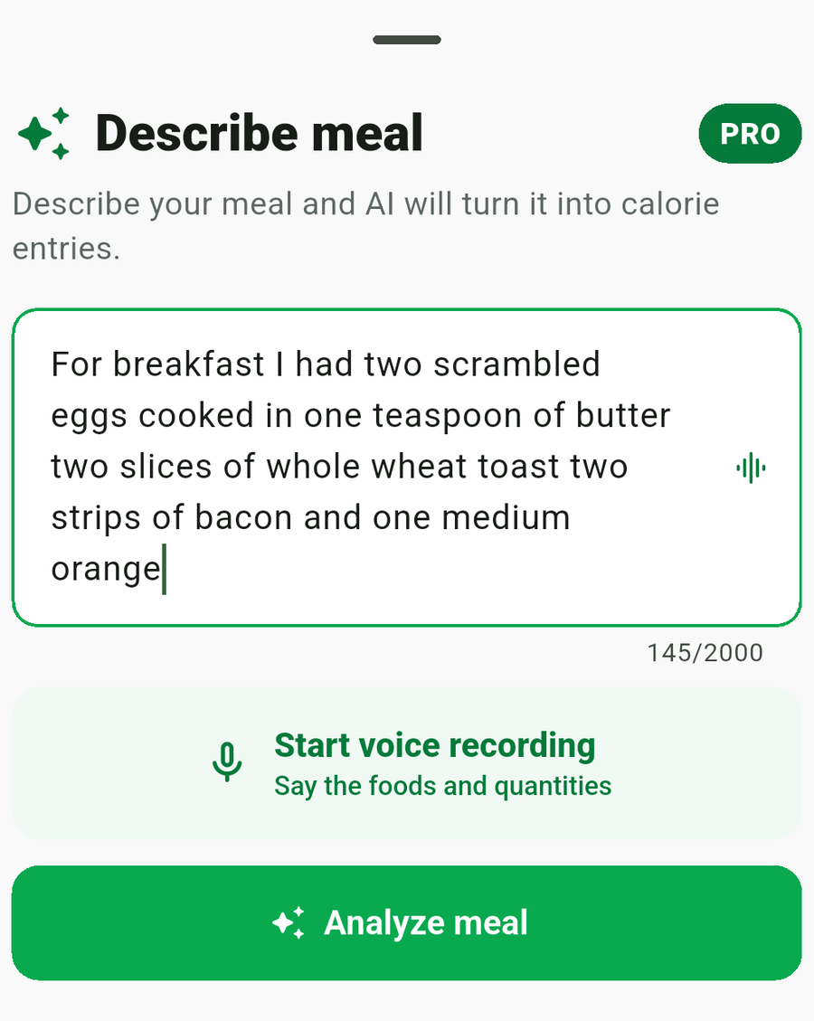A complete Calorie Budget screen with a breakfast described in natural language