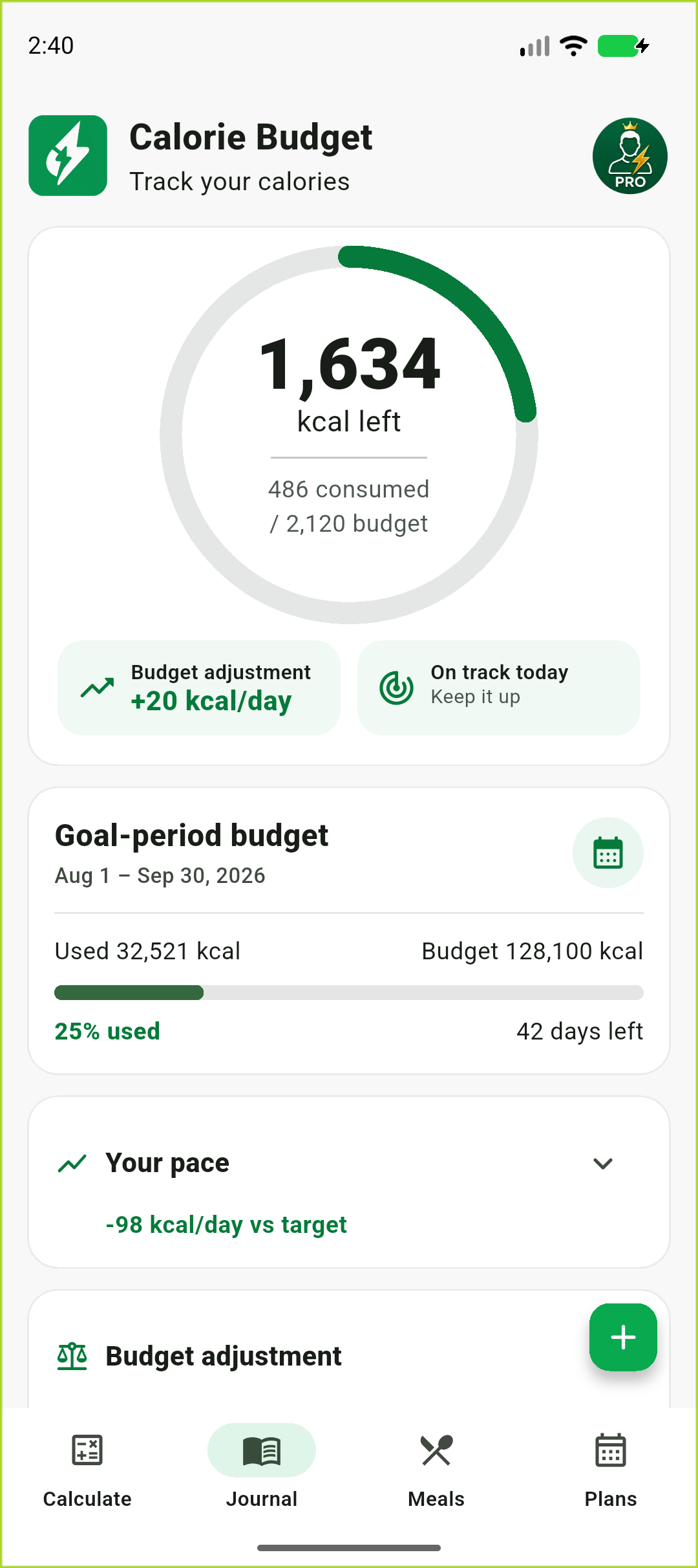 Calorie Budget Journal with calories left, accumulated goal-period budget, pace and daily adjustment