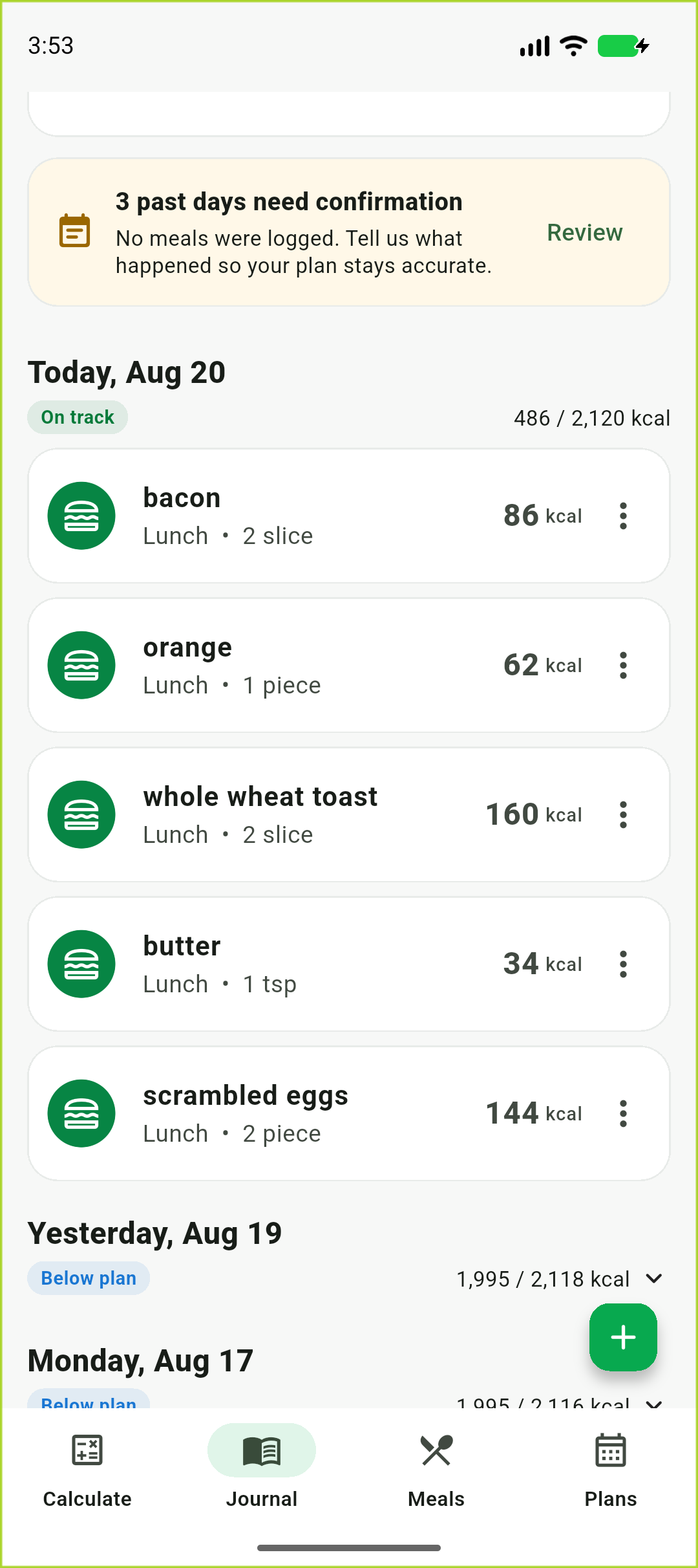 The complete breakfast saved as individual entries in the Calorie Budget Journal