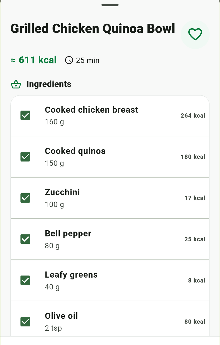 The complete grilled chicken quinoa bowl recipe with every ingredient, quantity and calorie estimate