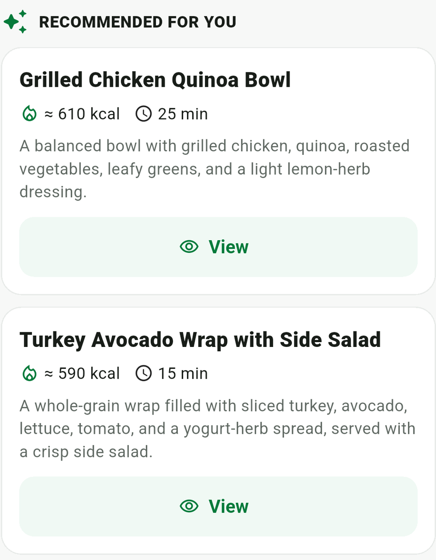 Three AI meal recommendations in Calorie Budget