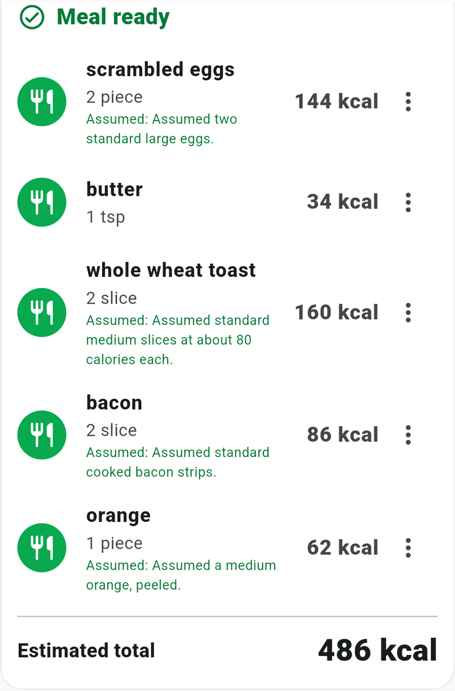 The complete AI interpretation with every breakfast ingredient and the 486 calorie estimated total