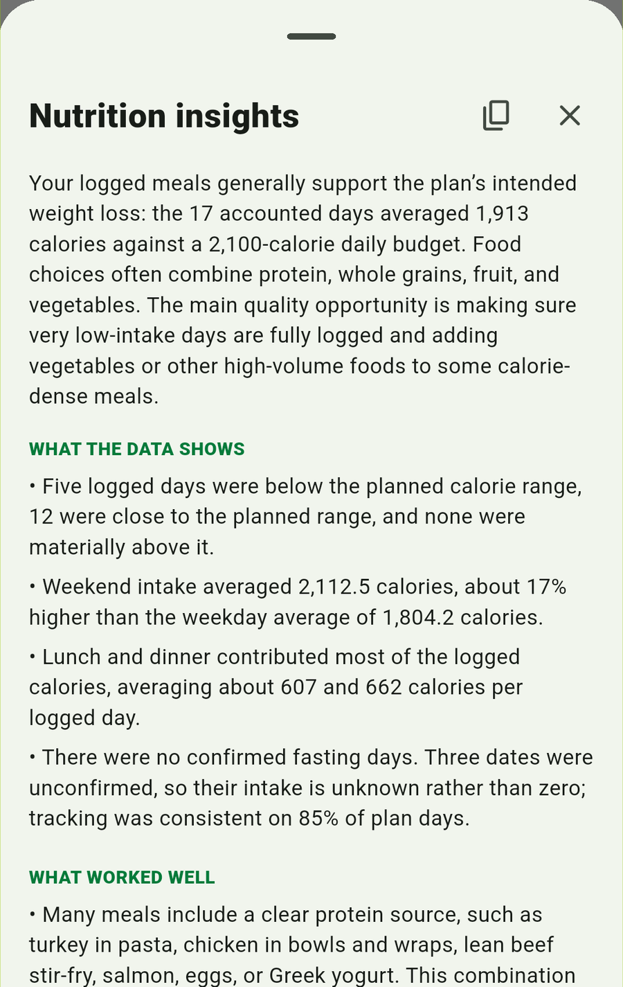 A Calorie Budget nutrition insights report generated from an active plan