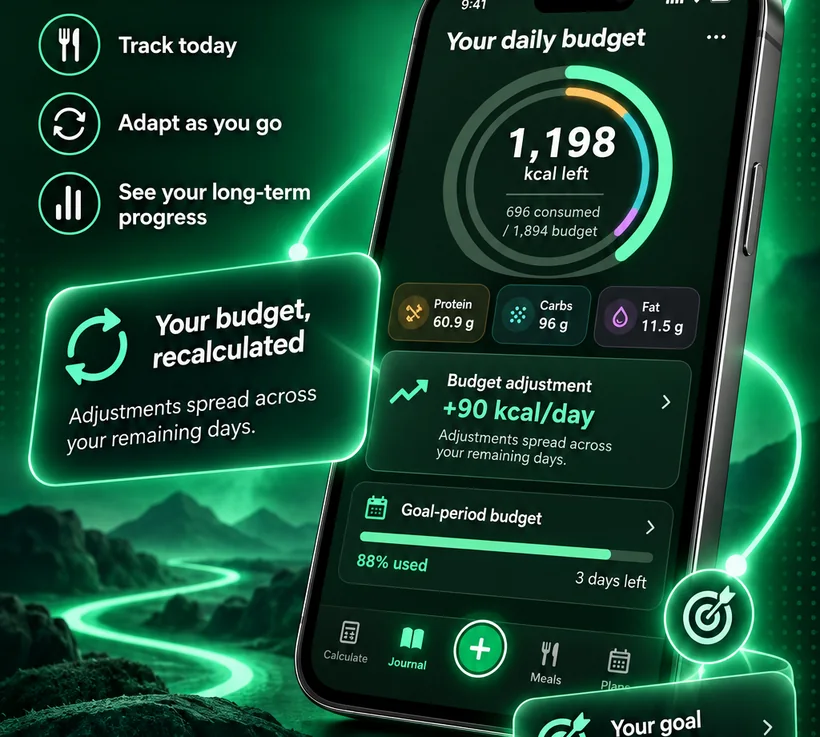A daily budget of 1,198 kcal left with a +90 kcal per day budget adjustment and the goal-period budget