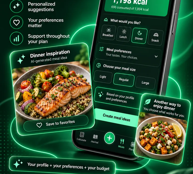 AI meal ideas in Calorie Budget with a salmon dinner suggestion and the calories available