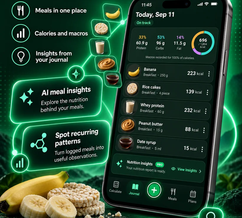 The Calorie Budget journal with today's meals, macros and AI meal insights
